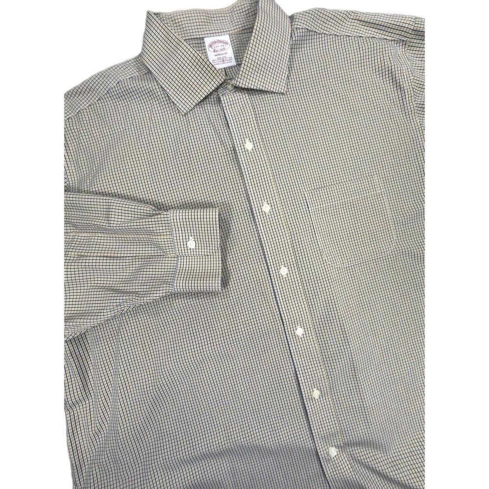 Brooks Brothers Men's 17.5 33 Madison Blue Yellow Check Long Sleeve‎ Non Iron